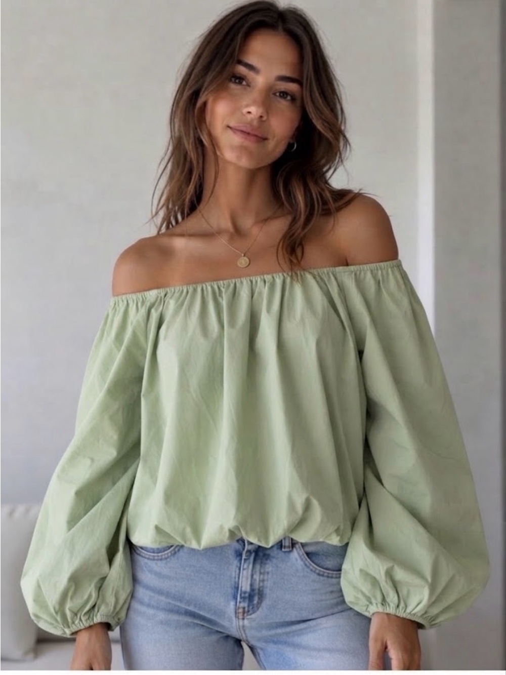English Factory Off-Shoulder Sage Green Peasant Top - Women